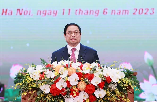 Đồng chí Phạm Minh Chính, Thủ tướng Chính phủ phát biểu tại Hội nghị biểu dương, tôn vinh điển hình tiên tiến toàn quốc_Ảnh: Dương Giang.