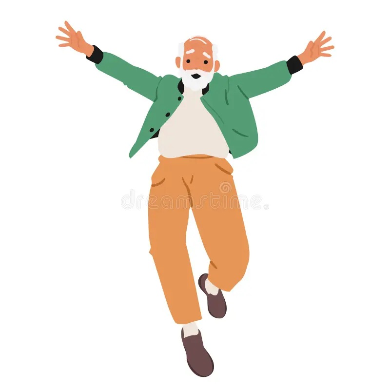 happy grey haired senior man cartoon character jumping up high air isolated white background casual representing vitality 435485228