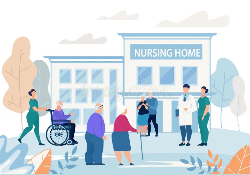 informational flyer nursing home building flat poster group elderly people walks near banner meet visitors street cartoon 154355370